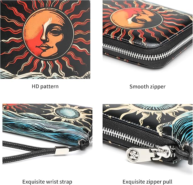 Rfid Blocking Wristlet Large Wallet for Women Credit Card Holder Bifold Designer Zipper Phone Long Wallet Purse Ice and Fire Sun