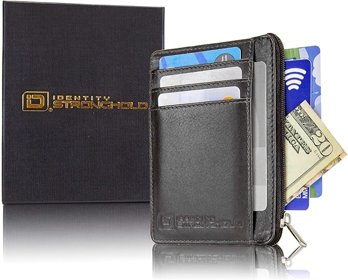 ID Stronghold RFID Front Pocket Wallet Mini Minimalist Wallet Slim Wallet Genuine Leather with Zipper, Small Black