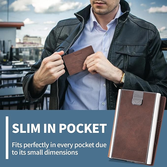 Mens slim Wallet,with RFID Shielding, Holds 9 Cards Easily, card wallet for Men, Minimalist Wallet For Men, Made of aluminum and Pu Synthetic Leather, Includes Cash clip (Coffee Color)