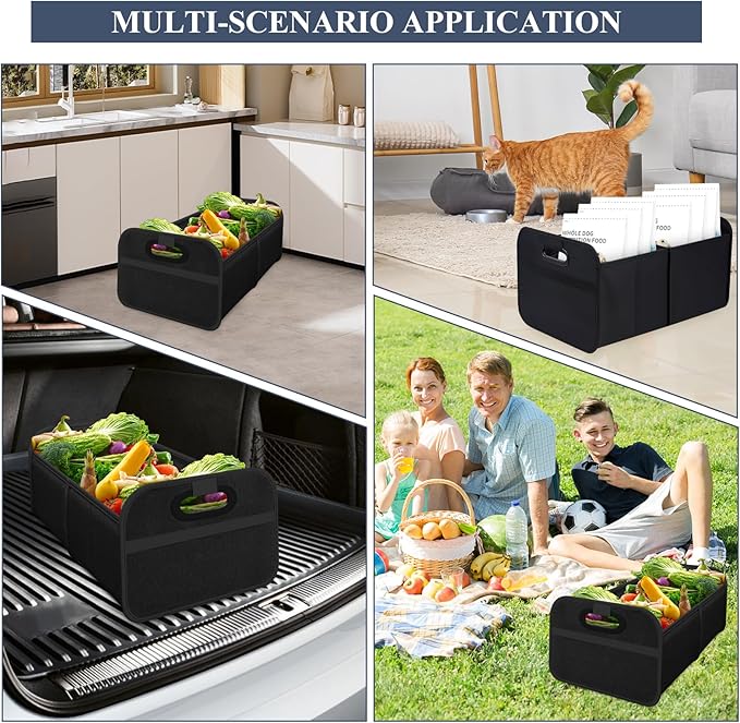Car Trunk Organizer, Foldable Car Trunk Storage Box with 2 Compartments & Mesh Pocket, Large Capacity, Portable with Handle, Collapsible Backseat Storage Organizer for SUV Truck Sedan (Black)