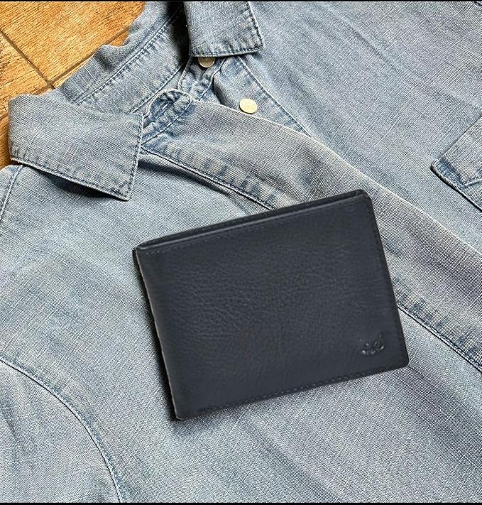 Real Leather Mens Bifold Wallet RFID Blocking Slim Minimalist Front Pocket - Thin & Stylish with ID Window in Gift Box (Nappa, Black)