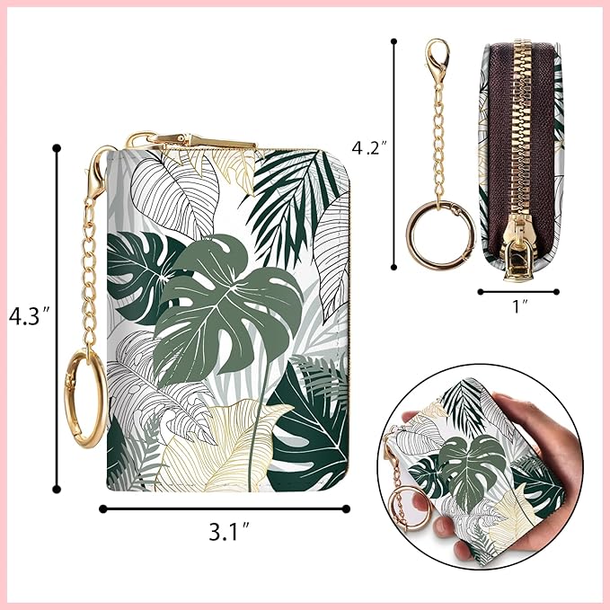 Blusabaca Credit Card Holder for Women, Tropical Leaves Abstract Small RFID Wallet with Zipper, Card Keychain Wallet, Leather Card Case, Business RFID Blocking Accordion Purse Wallet Gift