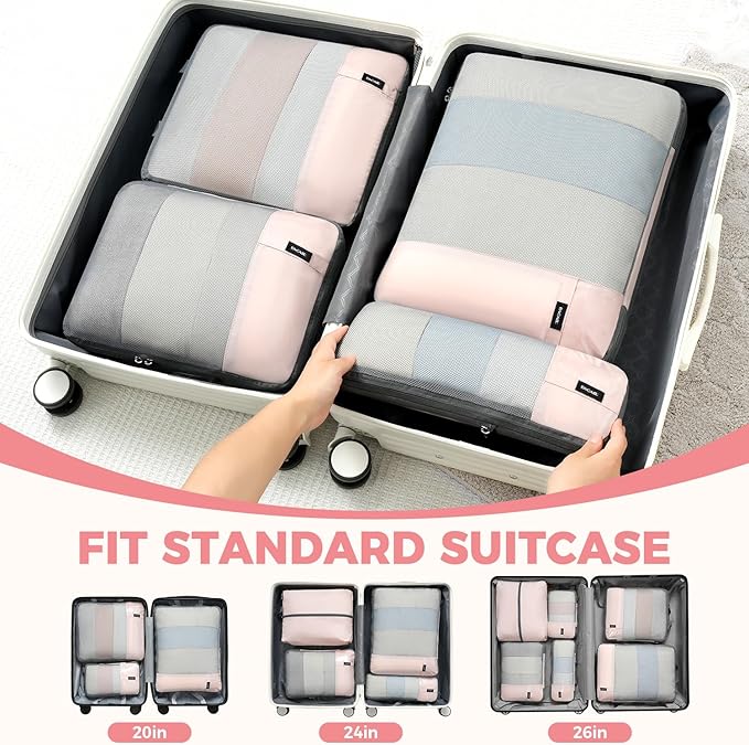 BAGAIL 6 Set Lightweight Compression Packing Cubes with Packing List, Anti-Tearing Expandable Organizer Bags for Travel, Pink