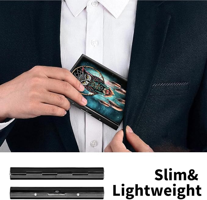 Metal Wallet for Women Men Girls, RFID Blocking Slim Aluminum Credit Card Holder, Mini Travel Wallet with Hard Shell, Lightweight ID & Business Card Case,Owl Dream Catcher