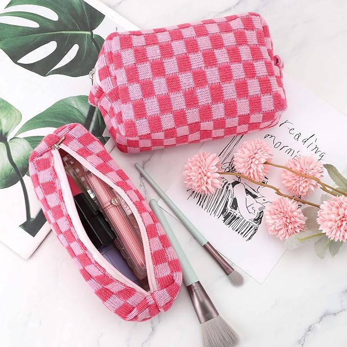 3 Pcs Makeup Bag Cosmetic Bag Set for Girls Women Checkered Travel Organizer Bathroom Toiletry Pouch Large Capacity Storage Bag (Rose-Red)