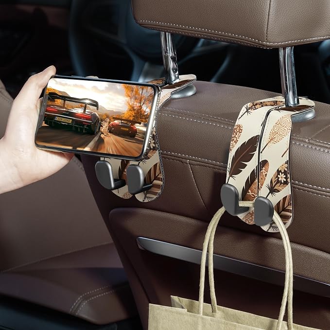 CoBak Purse Hook for Car - Universal Premium Stitched Leather and Aluminum-Magnesium Alloy Double Car Seat Back Storage Hook for Purses, Handbags, Bags (2 Pack),Feather