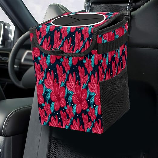 Car Trash Can With Lid - Red Flower Auto Garbage Bag, Leak-Proof Storage Bag, Hanging Headrest Bin, Collapsible and Portable With Storage Mesh Pocket