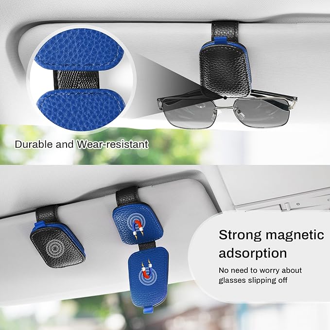 SINGARO Sunglasses Holder for Car, Leather Magnetic Buckle Sun Visor Sunglass Clip, Ticket Card Storage Glasses Clip, Car Interior Accessories for Men and Women(2PCS Black-Blue)