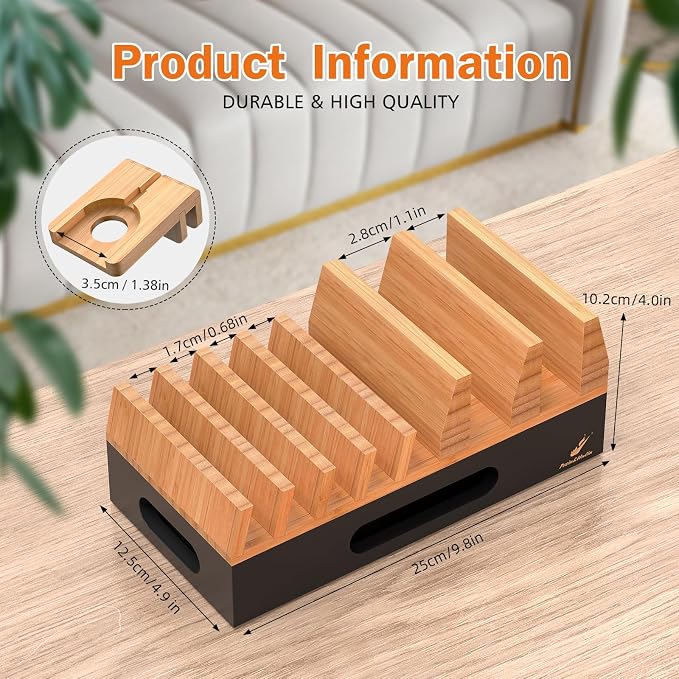 Pezin & Hulin Bamboo Charging Station Organizer for Multiple Devices & Wood Desktop Docking Charging Stand Such As Cell Phone, Tablets, Phone Case and Watch Stand(No USB Charger) (Natural + Black)