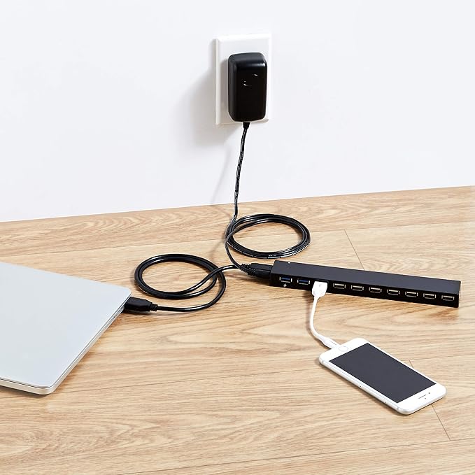 Amazon Basics USB 3.0 10-Port Hub with AC Adapter, 5Gbps Faster Data Transfer for Multiple Devices, Black