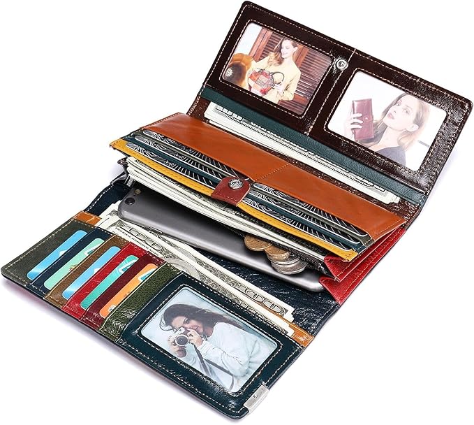 MASIWEI Genuine Leather Patchwork Wallet for Women Multicolor Trifold Wallets Ladies Card Holder Money Organizer with Coin Purse