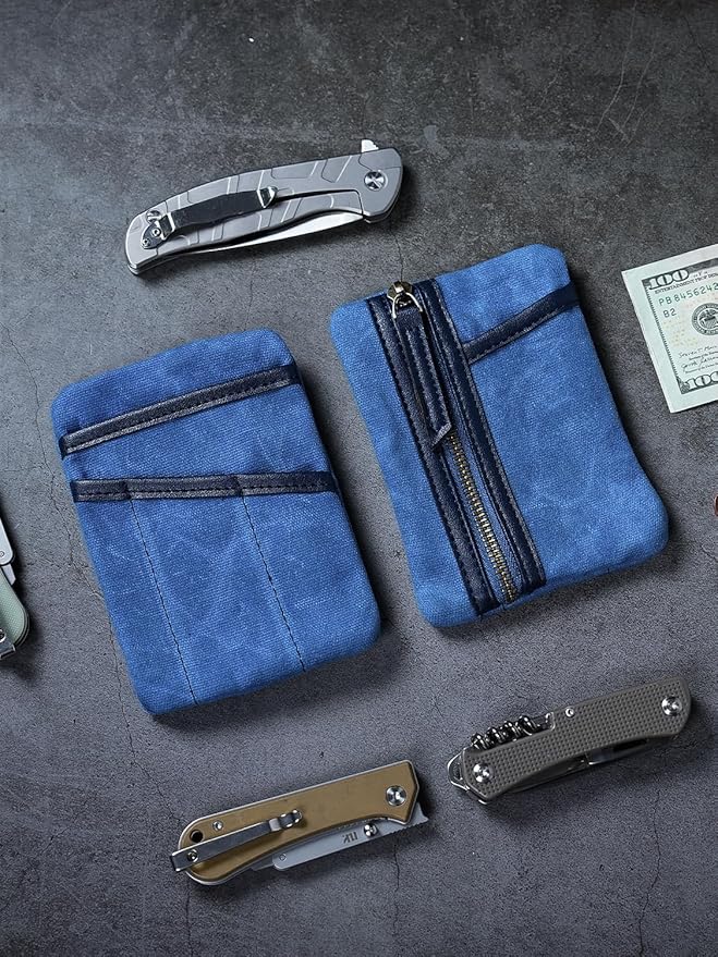 Sayram SP6 EDC Pouch, Waxed Canvas Compact Pocket Organizer, EDC Pocket Pouch for Men, Zippered Pocket Pouch, Mini EDC Organizer for Everyday Carry, Multitool Organizer Pouch (Oil Wax Blue)