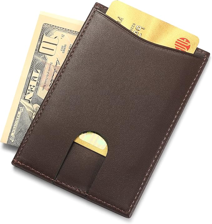 Leather Thin Card Holder, Slim ID Case Small Credit Card Wallet for Men & Women (Coffee)