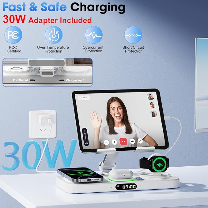 6 in 1 Wireless Charger for Apple Multiple Devices, Charging Station with Clock &7 Color Ambient Light, Foldable Rotate Stand for iPad, for iPhone17/16/15, Support for Apple Watch11/10 For AirPods4