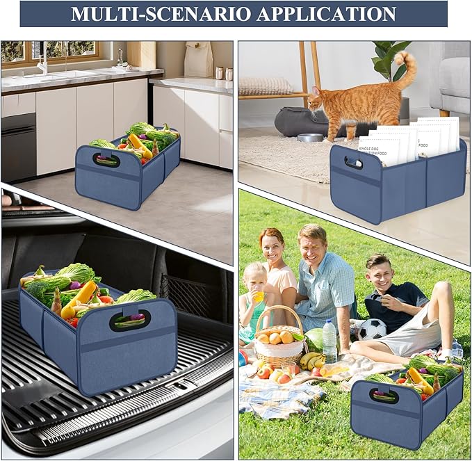 Car Trunk Organizer, Foldable Car Trunk Storage Box with 2 Compartments & Mesh Pocket, Large Capacity, Portable with Handle, Collapsible Backseat Storage Organizer for SUV Truck Sedan (Blue)
