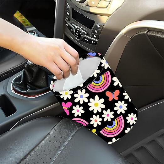 Car Trash Bag Rainbow and Flowers Waterproof Trash Small Car Can Portable Collapsible Car Garbage Can Hanging for Back Seat Floor or Hanging Headrest Car Decor Road Trip Essentials