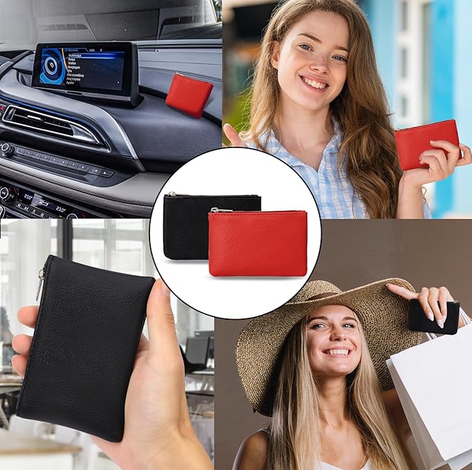 KALIONE 2 Pack Coin Purse, Portable PU Leather Coin Purse with Zipper Coin Purse Mini Change Purse Small Coin Purse for Women Credit Card Folded Bills ID Key Headset Lipstick(Black&Red)