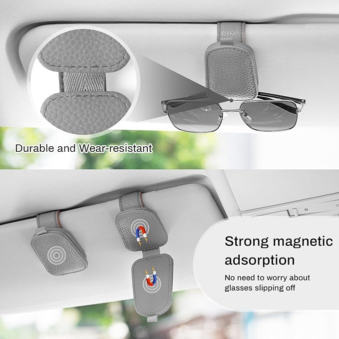 SINGARO Sunglasses Holder for Car, Leather Magnetic Buckle Sun Visor Sunglass Clip, Ticket Card Storage Glasses Clip, Car Interior Accessories for Men and Women(2PCS Gray)