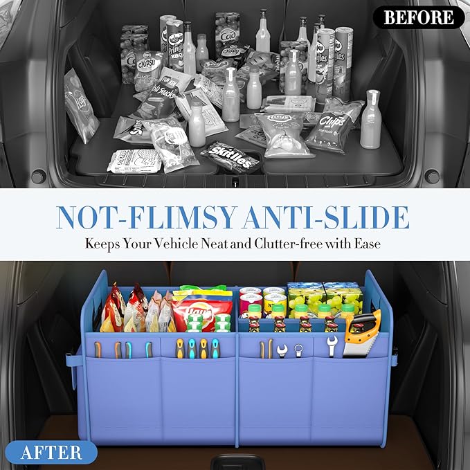 titiyiof Trunk Organizer For Suv & Sedan,Car Organizers and Storage, Waterproof Collapsible & Adjustable Straps,75L Sturdy Car Organization for Car Accessories, Tools,Sundries,2-3 Compartment(Blue)