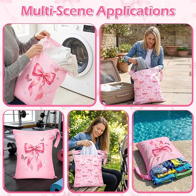 2 Pcs Large Travel Laundry Bags Waterproof Wet Dry Bag, Washable Dirty Clothes Bags for Travel,Drawstring, Bathing Suit, Workout, Gym Clothes Laundry, Swimming Pool & College Dorm, Pink Butterfly Bow