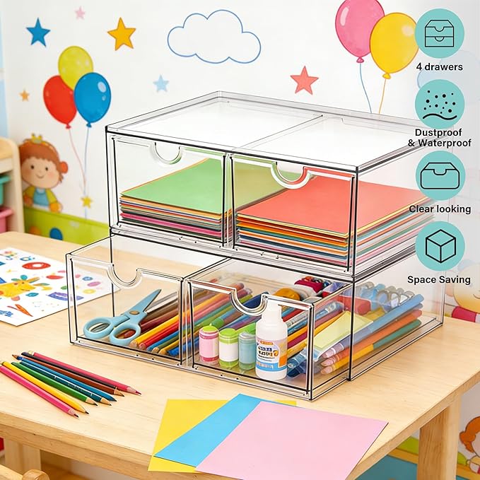 Prsildan Stackable Clear Makeup Organizer, 2 Pack Acrylic Storage Drawers with 4 Drawers for Vanity Bathroom Office Desk Modular Drawer System for Cosmetics Jewelry Toiletries Home Organization