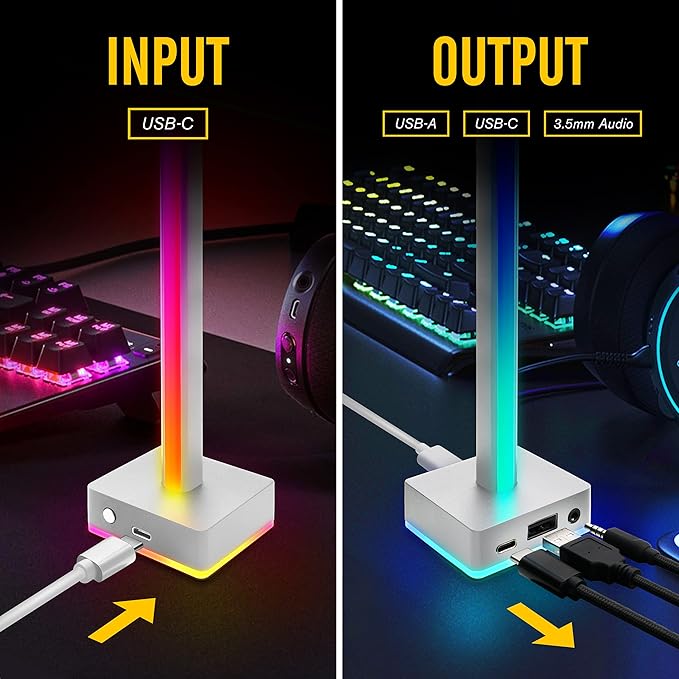 EZDIY-FAB USB LED Light Bar Headphones Stand, Desktop Atmosphere RGB Backlight,50 Built-in Color Modes, Headphone Holder for Gamers Gaming PC Accessories Desk- White- 1 Pack