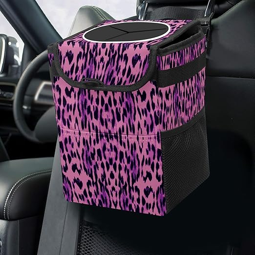 Car Trash Can Purple Pink Black Leopard Auto Garbage Bag Car Trash Can with Lid Leak-Proof Car Storage Bag Auto Garbage Bag Hanging for Headrest Collapsible and Portable with Storage Mesh Pocket