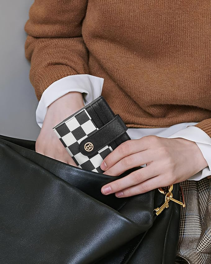 BOSTANTEN Slim Wallet for Women Small RFID Blocking Credit Card Holder Leather Bifold Wallets with Zipper Coin Pocket Black and White Checkered