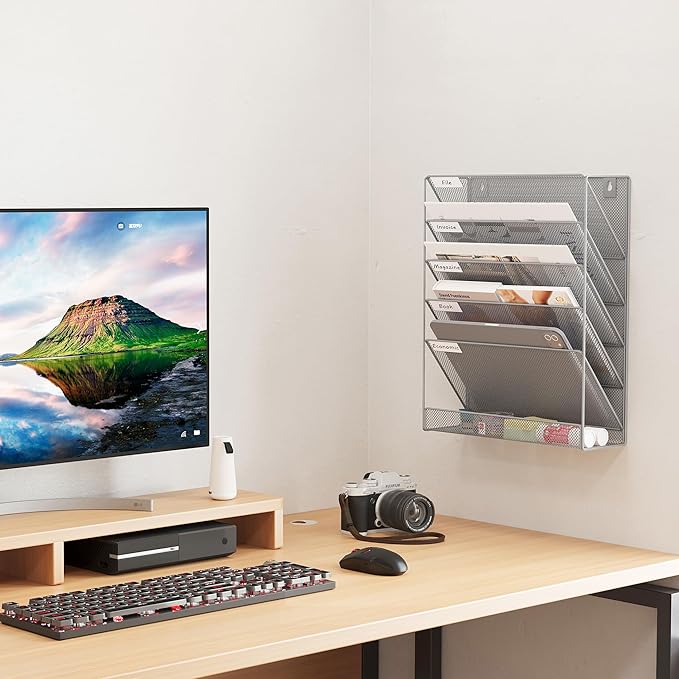 EasyPAG 5 Tier Wall File Holder, Mesh Hanging Folder Organizer with Classify Label, Versatile Desk File Holder, Vertical Wall Mounted Mail Organizer for Office Home Cubicle, Silver