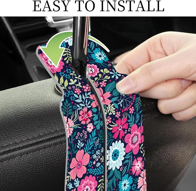 PU Leather Car Seat Hook, Storage Headrest Hanger, Cute Car Backseat Organizer, Car Hooks For Purses and Bags Pink Blue Flowers