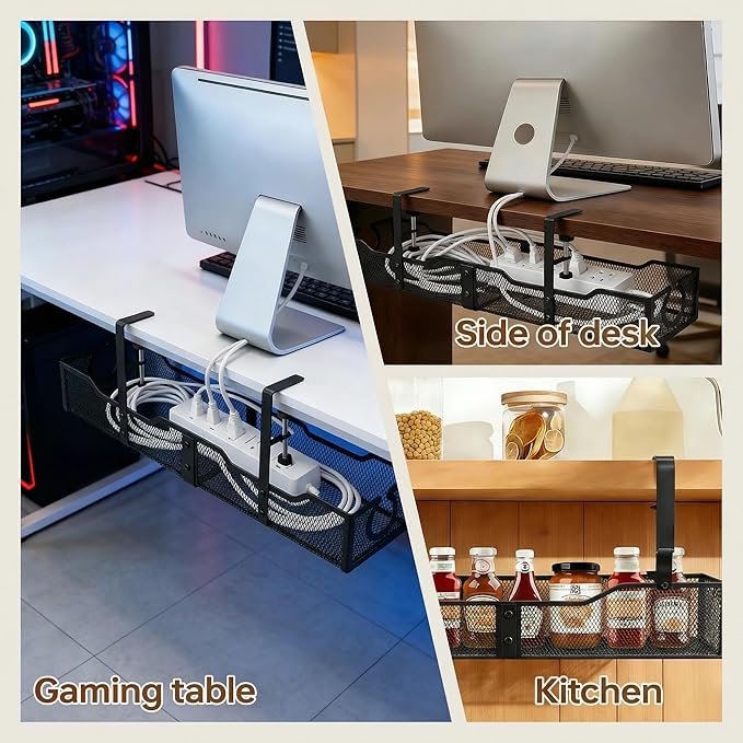 Upgraded 25.2'' Under Desk Cable Management Tray, No Drill Clamp-On Design Wire Organizer, Cable Organization Box for No Damage to Desk, Metal Cord Organizer for Home Office, Black