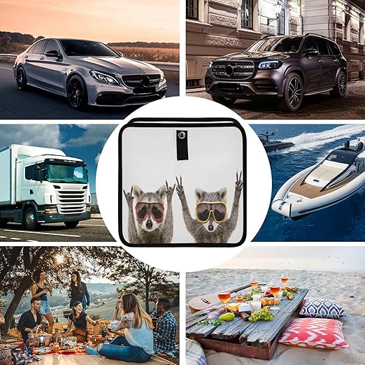 Funny Raccoons Sunglasses Animal Car Trash Can, Foldable Hanging Car Trash Bag, Small Waterproof Car Accessories Garbage Bin
