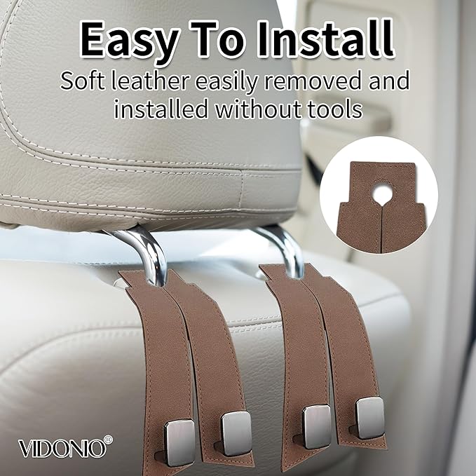 vidonio 2 Pack Double Car Seat Hooks for Headrest, Rotatable Purse Holder for Car, Premium Leather Seat Back Storage Hook for Purses, Handbags, Bags (Brown)