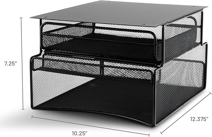 Safco 3244BL Onyx Mesh Deluxe Under Desk Hanging File & Paper Organizer, Black, Steel Construction, 2 Compartments, Tabletop or Desktop. Perfect for Home, Office & Classrooms, Black