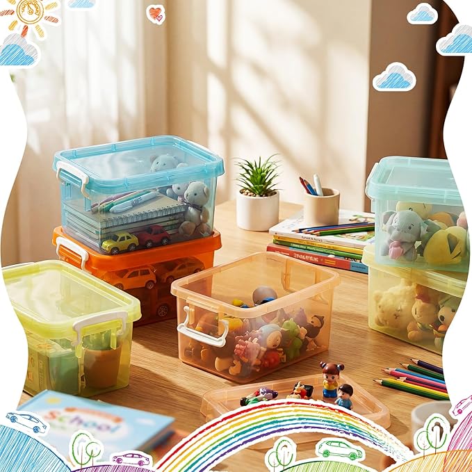Wenqik 12 Pack Colorful Plastic Storage Bins with Lids 4 Quart Small Storage Latch Box Stackable and Nestable Clear Organizer Bins with Latching Handle and Buckle for Organizing (Mondrian)