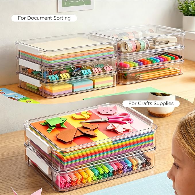 Citylife 4 PCS 6 Qt Plastic Storage Bins with Lids and Latches, Clear Stackable File Box for A4 Paper, Documents, Art Supplies, and Crafts