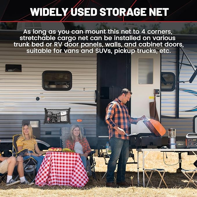 RED WOLF 3 Layer Small Cargo Net 17.7" x 9.8" Elastic Stretchable Bungee Nets Storage Mesh Pocket Organizer Mounting w/8 Screw and Built-in Hooks for SUV Truck Camper Accessories