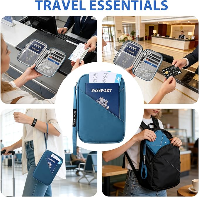 Veki Passport Holder for Travel Women Family, Passport Wallet Bag, RFID Travel Document Organizer, Waterproof Passport Holder for Men, Portable Case for Cards, Cash, Tickets, ID (Navy Blue, M)