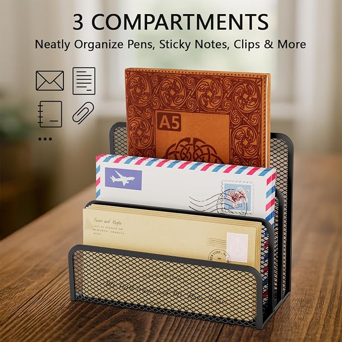 Mesh Mail Organizer 3 Slot Mail Holder for Desk Mesh Letter Sorter File Holder for Home Office Documents, Envelopes, and Postcards Paper Clip Holder set (Black)