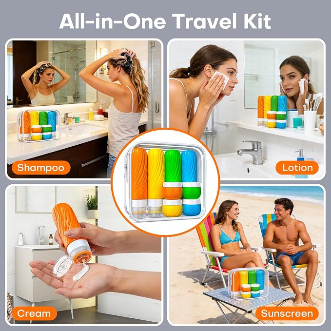 Travel Bottles for Toiletries,TSA Approved Silicone Travel Size Containers, Refillable Liquid Leak Proof Travel Shampoo and Conditioner Bottles for Women & Men, Airplane Carry On Essentials