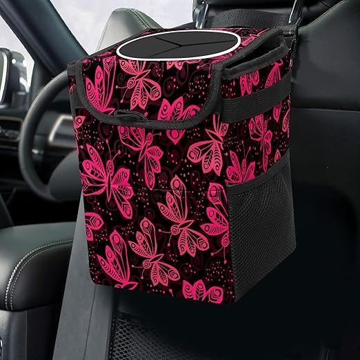 Car Trash Can Rose Pink Butterflies Auto Garbage Bag Car Trash Can with Lid Leak-Proof Car Storage Bag Auto Garbage Bag Hanging for Headrest Collapsible and Portable with Storage Mesh Pocket