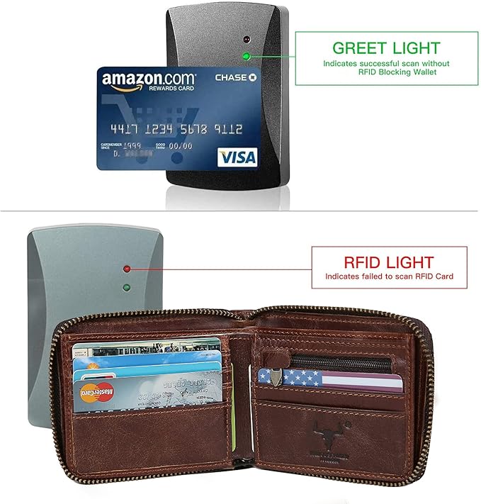 Zipper Wallet Men RFID Blocking Leather Bifold Wallets For Men - Flap ID Window Zip Coin Pocket Mens Zipper Wallets - Big Capacity Credit Card Travel Wallet (Brown)