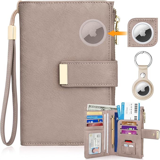 HUANLANG Passport Holder with Airtag for Women/Men, Airtag Passport Wallet for Travel Leather Passport Holder RFID Blocking,Travel Passport Walelt with Credit Card Holder