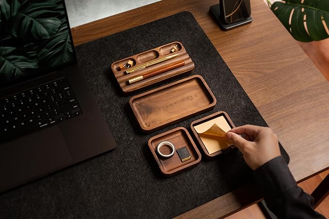 MUUJEE Engraved Wooden Desk Organization 4 Piece Set - for Desk Accessories Work Professional Office Teacher Dad Wood Tray Rustic Minimalist Organizer Pens Pencils Sticky Notes