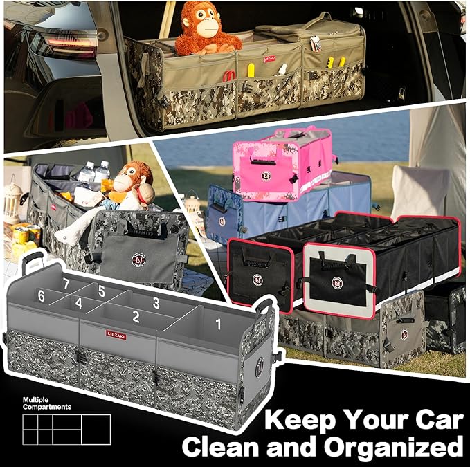 LIBZAKI Car Trunk Organizer,3 Compartments Big Trunk Storage, Large Capacity, Foldable, 95L Heavy Duty Storage Box for Car, SUV, Truck,Jeep, Includes 26L Cooler Bag -Gray Camouflage