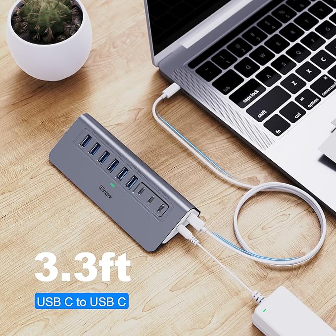 Powered USB Hub 10Gbps, intpw YH6AC 9-Port USB Splitter with USB A/USB C 3.2, 4 USB 3.0, 2 PD 45W Charging Ports, 65W Power Adapter + 3.3FT Cable, Aluminum USB Extender Hub for Laptop, PC,iPhone 17/16