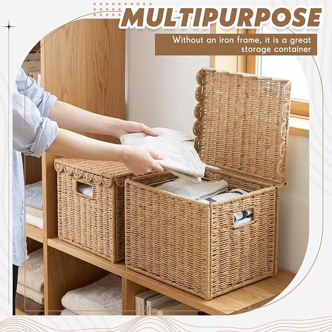 Jingmore Paper Rope File Storage Box with Scalloped Lid Collapsible Letter Size Hanging Filing Organizer Basket for Home Office, Woven Decorative Document Storage Box
