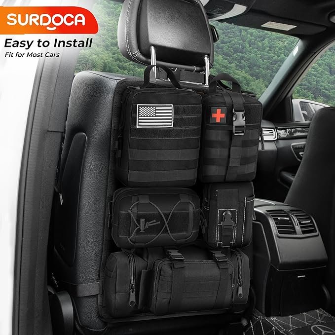SURDOCA Tactical Backseat Car Organizer with 5 Detachable MOLLE Pouches, 1000D Oxford Hanging Storage Panel for Car Truck SUV, Modular EDC Gear Holder with Hook-and-Loop Patches