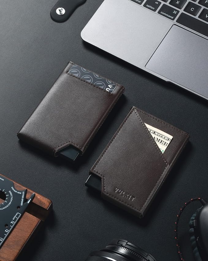 VULKIT Pop up Card Wallet RFID Blocking Slim Aluminum Metal Bank Card Holder Case with Business Money Pocket for Credit Cards Notes and Coins Dark Brown