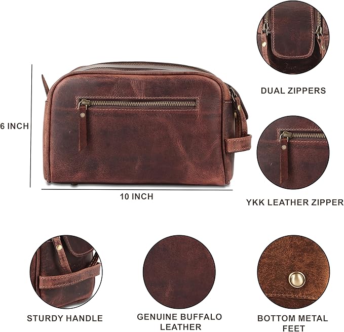 KomalC Travel Toiletry Bag – Premium Leather Dopp Kit for Men & Women with Water-Resistant Lining & Spacious Zippered Organizer